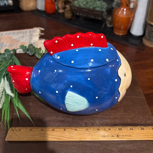 Large 12" Fish Design Cookie Jar by Coco Dowley w/ Lid Ceramic Blue Colorful - Picture 8 of 8